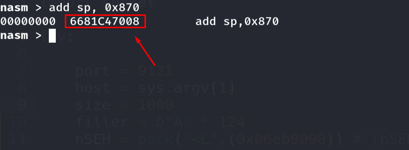 nasm_shell showing add sp,0x870 is free of bad characters