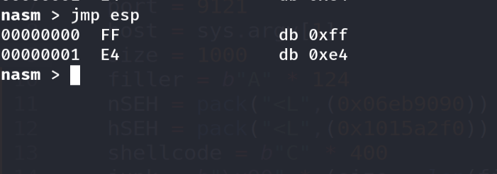 nasm_shell showing the jmp esp opcode FF E4
