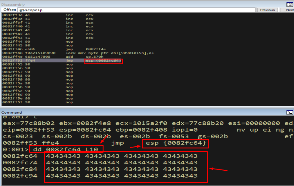 WinDbg showing add sp and jmp esp landing execution on the 43434343 shellcode