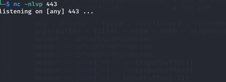 A netcat listener waiting on port 443 for the reverse shell